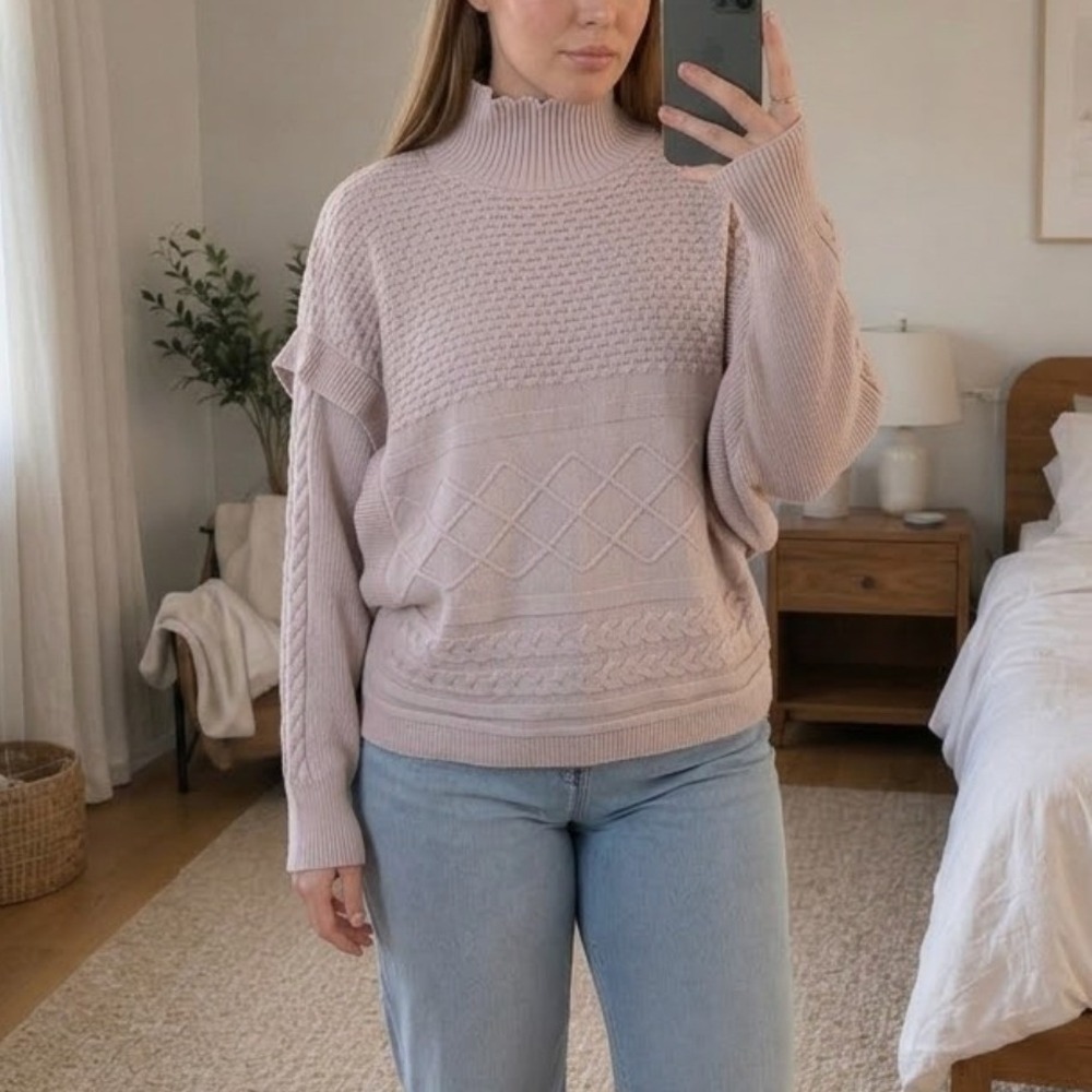 Marc New York Womens Cable Knit Sweater L Pink Mock Neck Dolman Sleeve Cottage